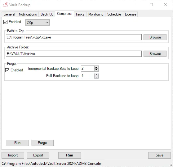 Turbo Backup Compress tab – 7Zip compression with an archive folder and retention rules.