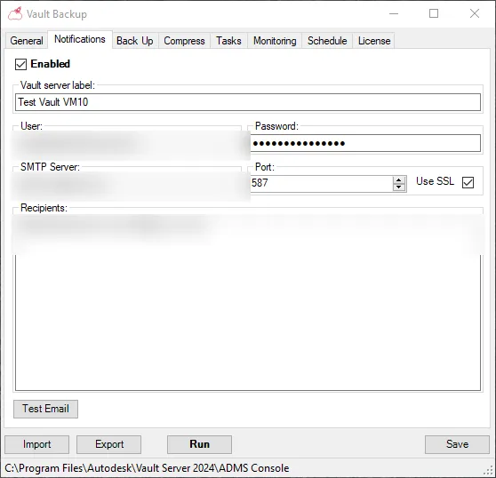 Turbo Backup Notifications tab – SMTP alerting with recipients configured to send same-day failure emails.