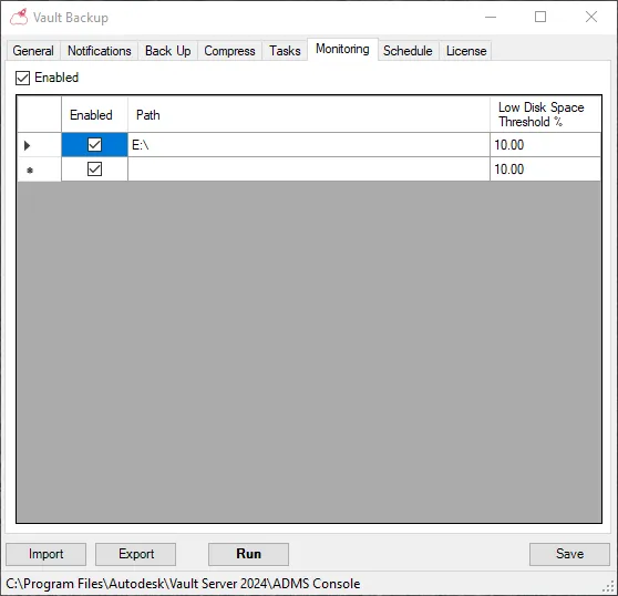 Turbo Backup Monitoring tab – a low disk space threshold set per drive.
