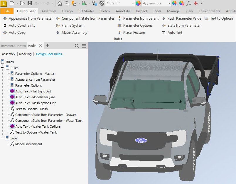 Autodesk Inventor with the Design Gear ribbon tab open, showing tools such as Appearance from Parameter, Component State from Parameter, Push Parameter Value and Parameter Options, alongside the Design Gear Rules browser listing rules that drive tail light distance, mesh options, drawer and water tank component states on a configured vehicle canopy assembly