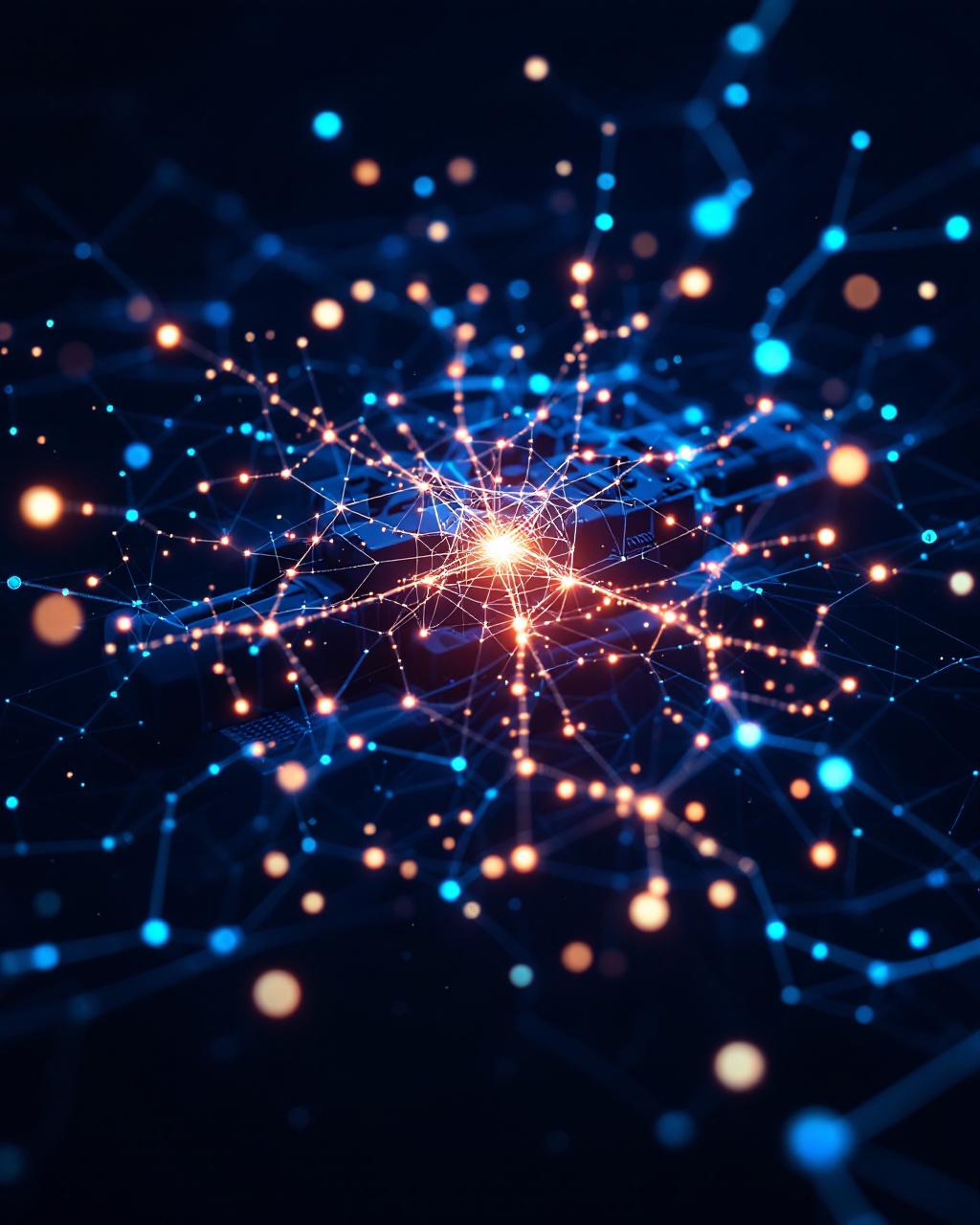 Neural network mesh of glowing nodes overlaid on a 3D CAD wireframe of a mechanical assembly