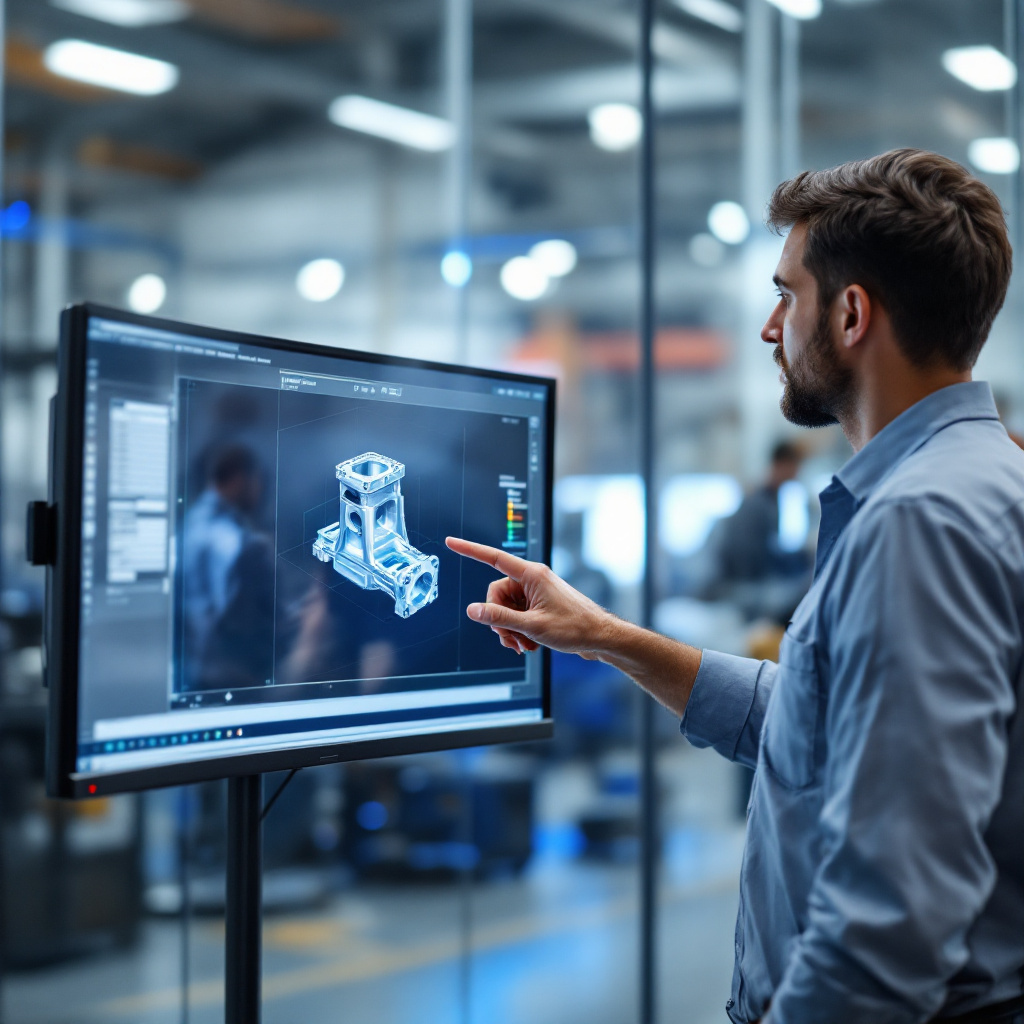An engineer pointing at a 3D CAD model of a machined bracket on a large screen, with a manufacturing floor visible behind him