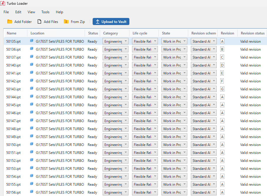 Turbo Loader's grid with a Category, Life cycle, State, Revision scheme and Revision column against every file, each set through a dropdown, and a Revision status column reading Valid revision down the list
